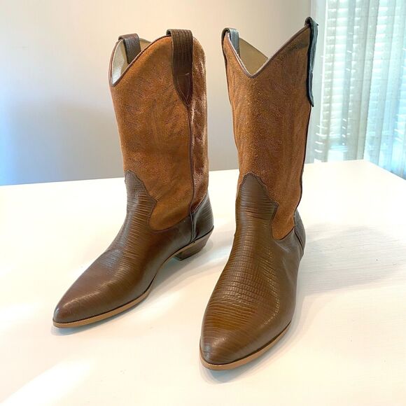 Vintage Chilis Brown‎ Suede Leather and Lizard Exotic Cowboy Boots Size 8.5 - Picture 1 of 12